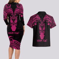 Personalised New Zealand Te Reo Maori Couples Matching Long Sleeve Bodycon Dress and Hawaiian Shirt Kia Kaha Maori Language Week Pink Style LT9 - Wonder Print Shop