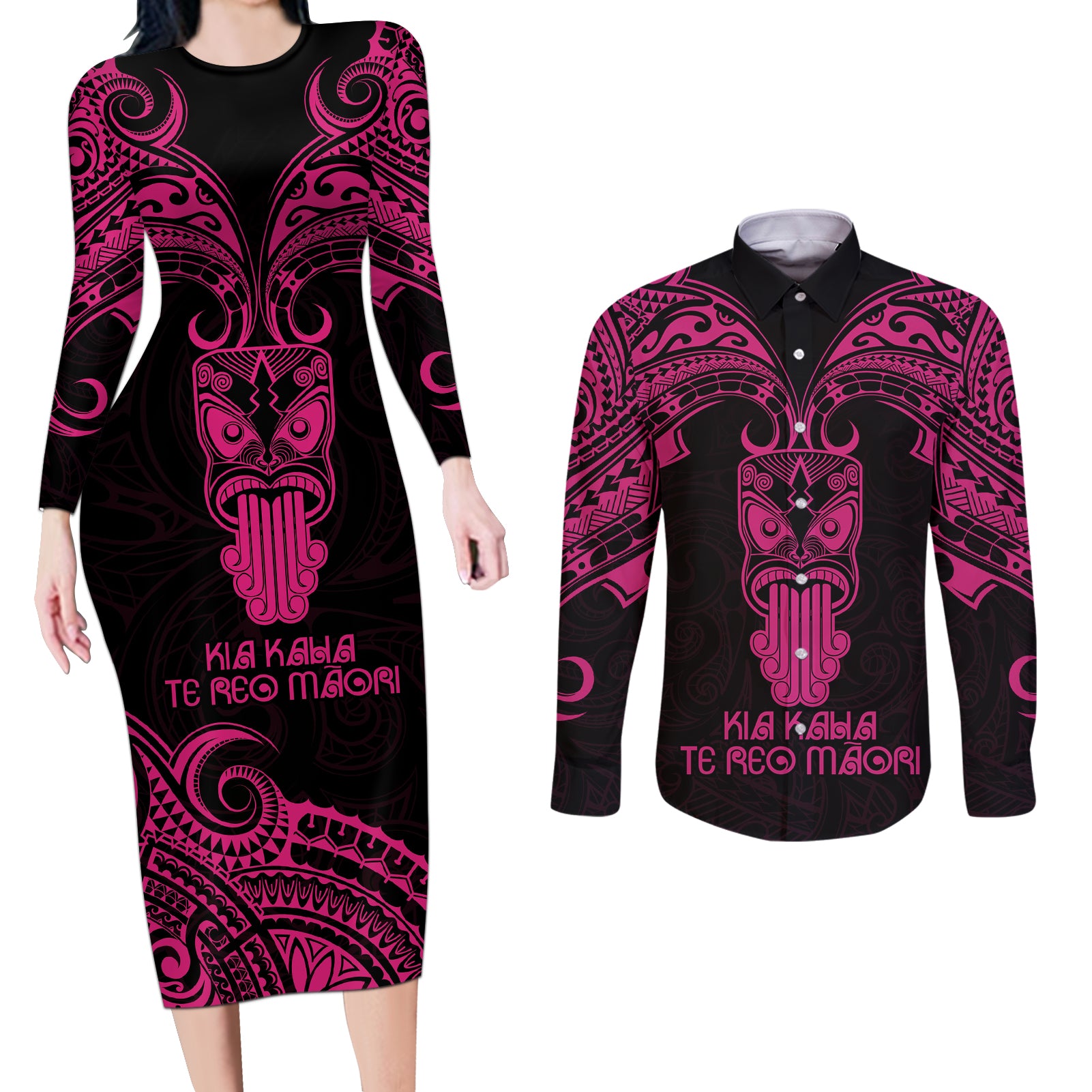 Personalised New Zealand Te Reo Maori Couples Matching Long Sleeve Bodycon Dress and Long Sleeve Button Shirts Kia Kaha Maori Language Week Pink Style LT9 - Wonder Print Shop