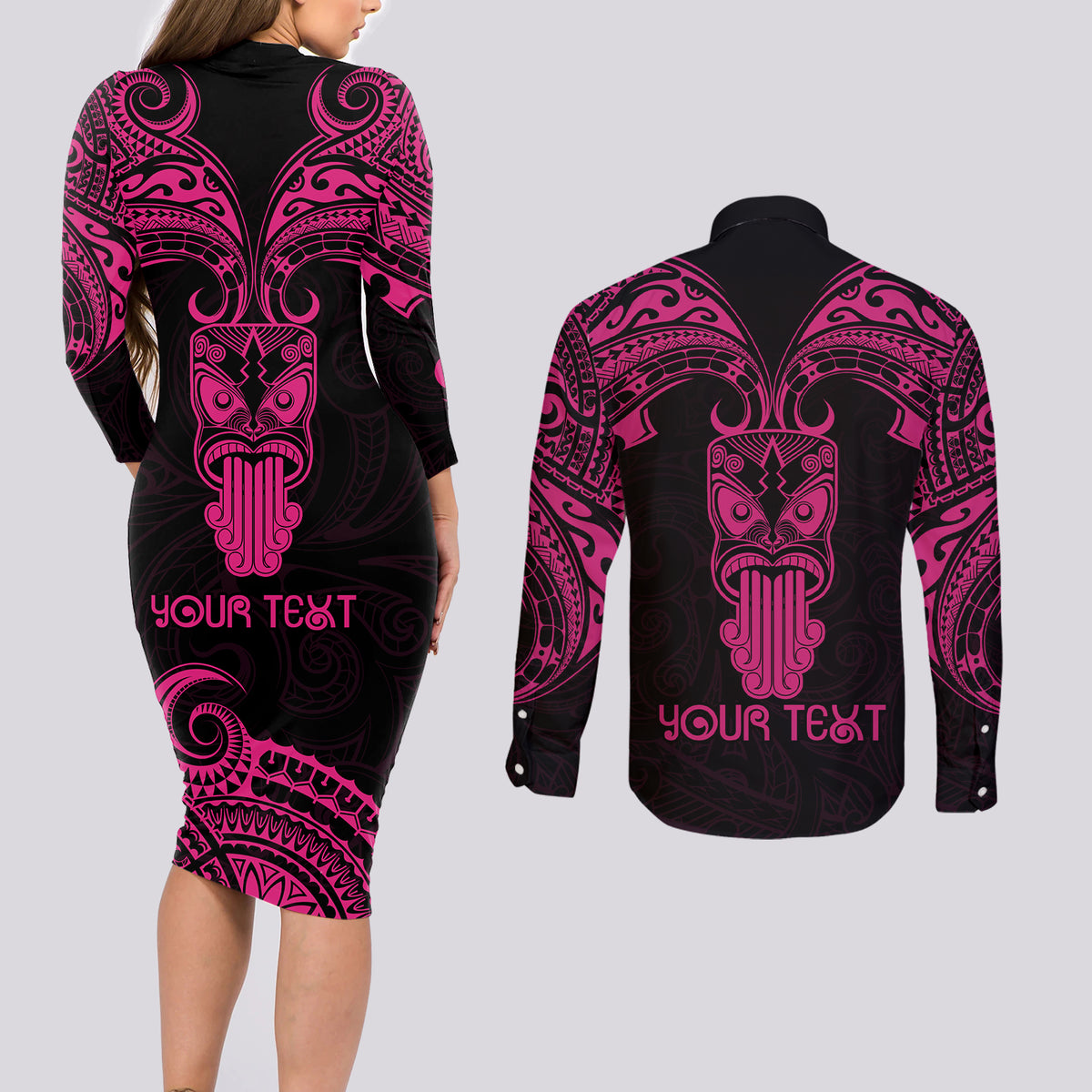 Personalised New Zealand Te Reo Maori Couples Matching Long Sleeve Bodycon Dress and Long Sleeve Button Shirts Kia Kaha Maori Language Week Pink Style LT9 - Wonder Print Shop