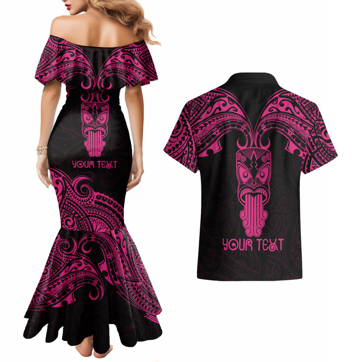 Personalised New Zealand Te Reo Maori Couples Matching Mermaid Dress and Hawaiian Shirt Kia Kaha Maori Language Week Pink Style LT9 - Wonder Print Shop