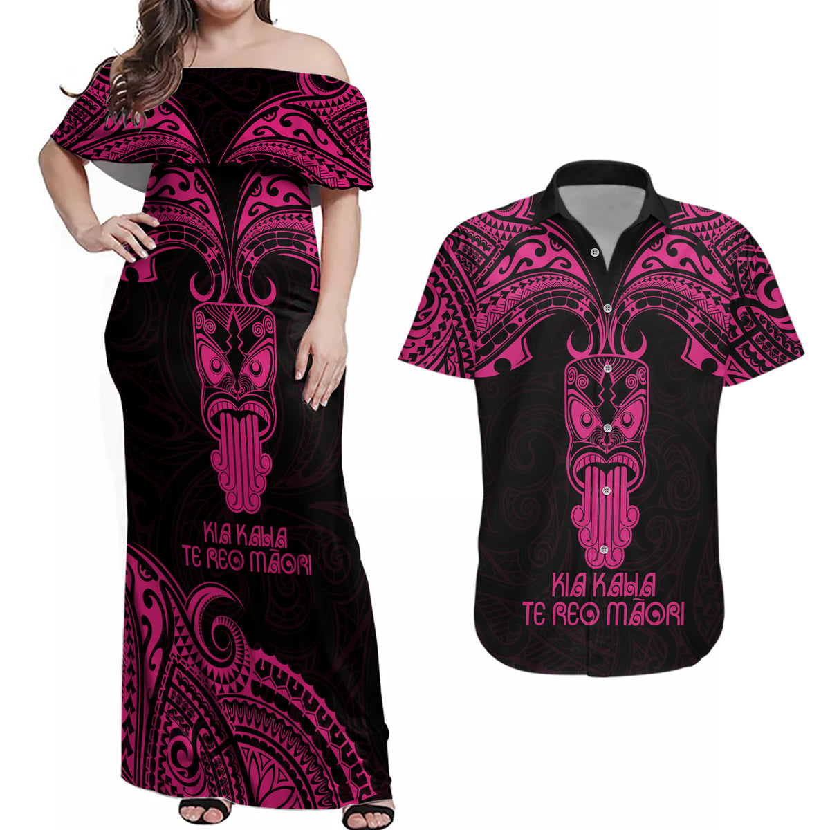 Personalised New Zealand Te Reo Maori Couples Matching Off Shoulder Maxi Dress and Hawaiian Shirt Kia Kaha Maori Language Week Pink Style LT9 - Wonder Print Shop