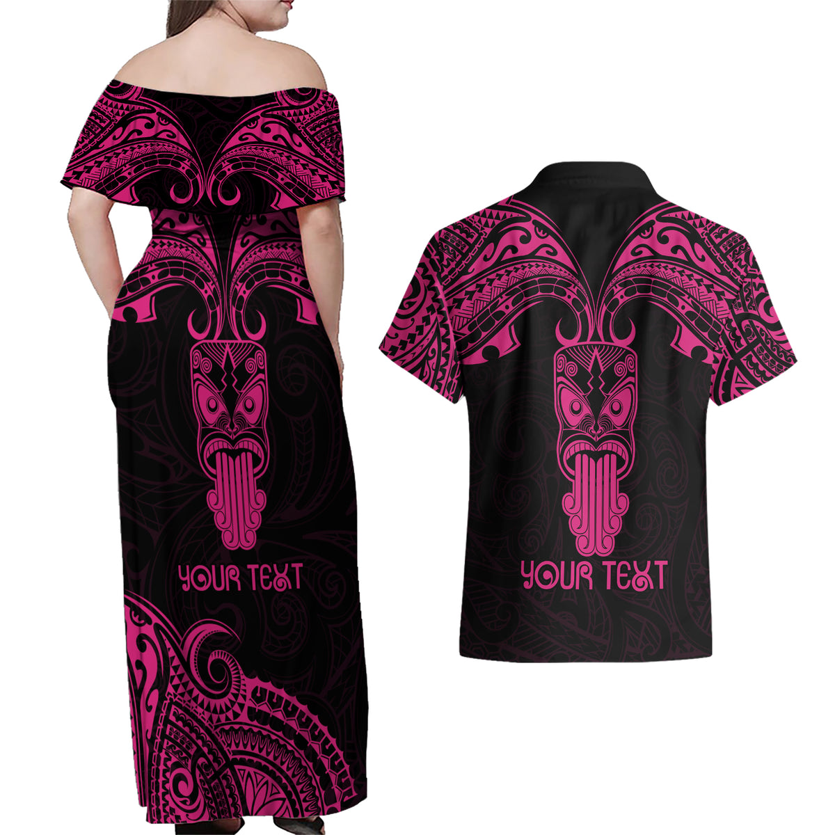 Personalised New Zealand Te Reo Maori Couples Matching Off Shoulder Maxi Dress and Hawaiian Shirt Kia Kaha Maori Language Week Pink Style LT9 - Wonder Print Shop