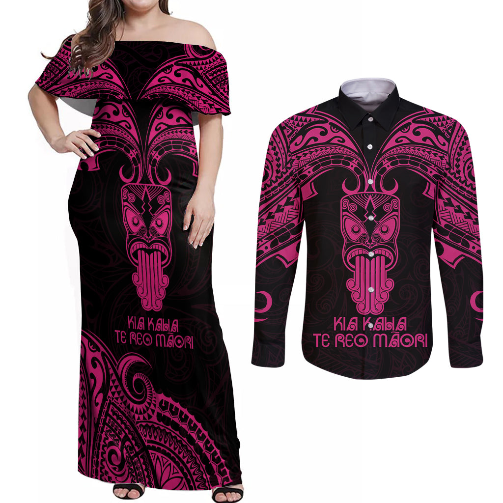 Personalised New Zealand Te Reo Maori Couples Matching Off Shoulder Maxi Dress and Long Sleeve Button Shirts Kia Kaha Maori Language Week Pink Style LT9 - Wonder Print Shop