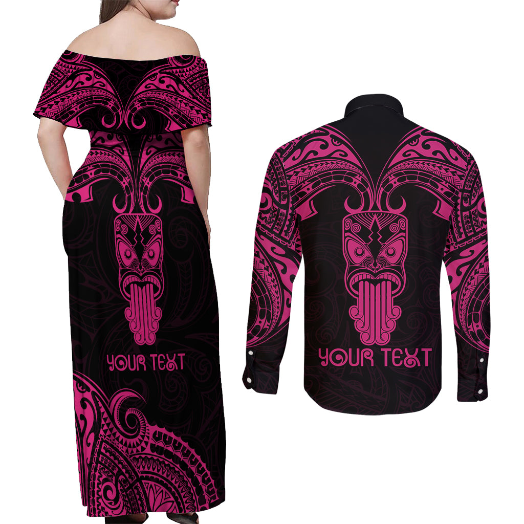 Personalised New Zealand Te Reo Maori Couples Matching Off Shoulder Maxi Dress and Long Sleeve Button Shirts Kia Kaha Maori Language Week Pink Style LT9 - Wonder Print Shop