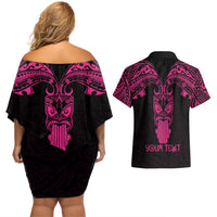 Personalised New Zealand Te Reo Maori Couples Matching Off Shoulder Short Dress and Hawaiian Shirt Kia Kaha Maori Language Week Pink Style LT9 - Wonder Print Shop