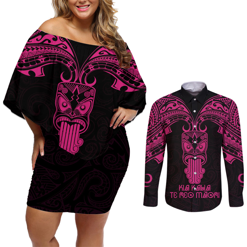 Personalised New Zealand Te Reo Maori Couples Matching Off Shoulder Short Dress and Long Sleeve Button Shirts Kia Kaha Maori Language Week Pink Style LT9 - Wonder Print Shop