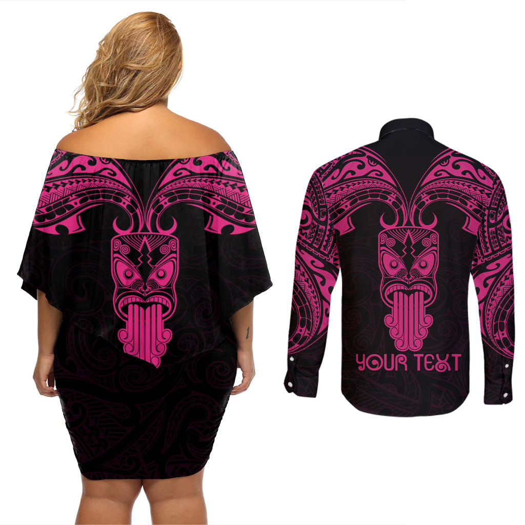 Personalised New Zealand Te Reo Maori Couples Matching Off Shoulder Short Dress and Long Sleeve Button Shirts Kia Kaha Maori Language Week Pink Style LT9 - Wonder Print Shop