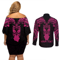 Personalised New Zealand Te Reo Maori Couples Matching Off Shoulder Short Dress and Long Sleeve Button Shirts Kia Kaha Maori Language Week Pink Style LT9 - Wonder Print Shop
