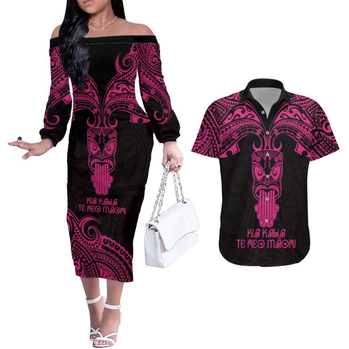 Personalised New Zealand Te Reo Maori Couples Matching Off The Shoulder Long Sleeve Dress and Hawaiian Shirt Kia Kaha Maori Language Week Pink Style LT9 - Wonder Print Shop