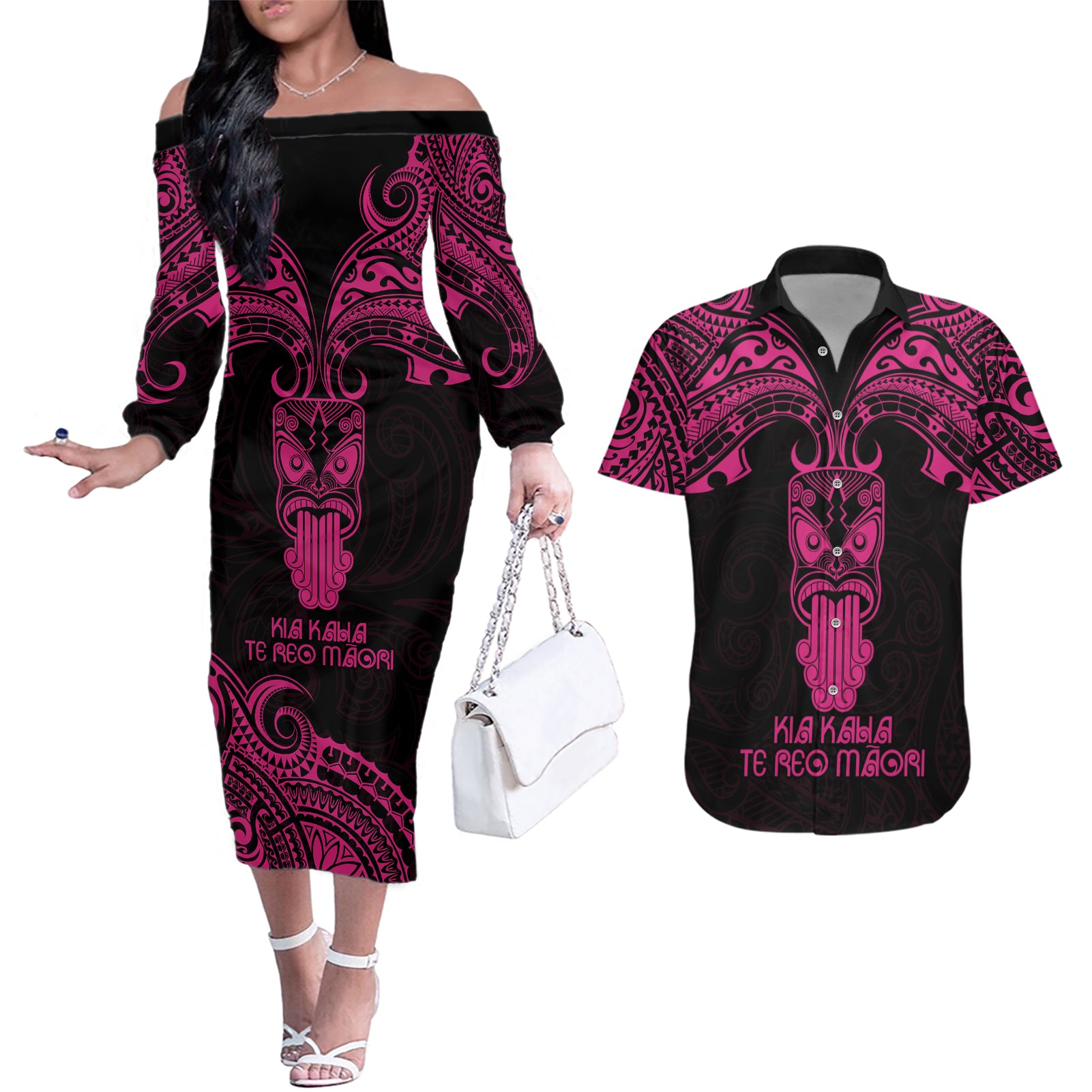 Personalised New Zealand Te Reo Maori Couples Matching Off The Shoulder Long Sleeve Dress and Hawaiian Shirt Kia Kaha Maori Language Week Pink Style LT9 - Wonder Print Shop