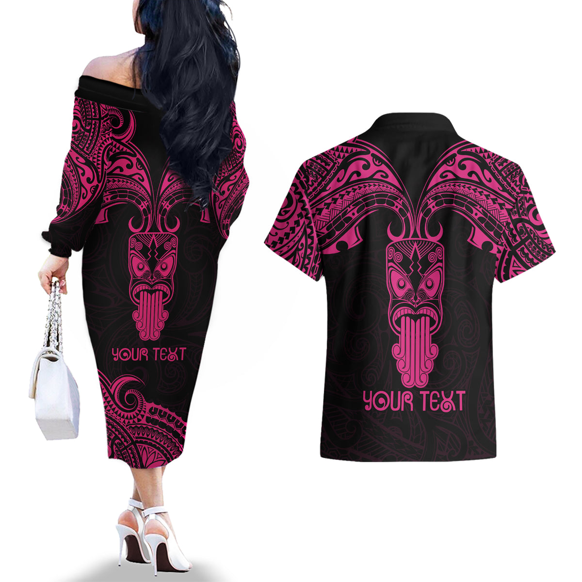 Personalised New Zealand Te Reo Maori Couples Matching Off The Shoulder Long Sleeve Dress and Hawaiian Shirt Kia Kaha Maori Language Week Pink Style LT9 - Wonder Print Shop