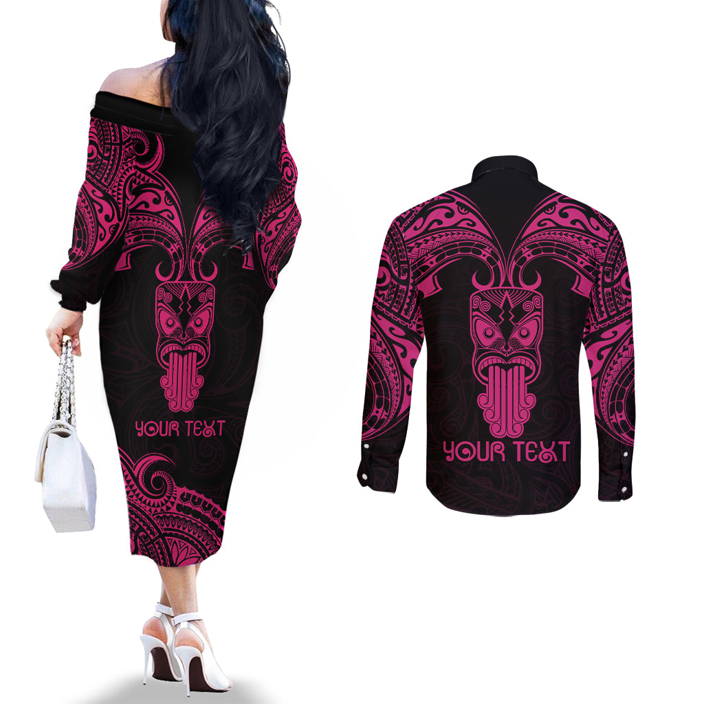 Personalised New Zealand Te Reo Maori Couples Matching Off The Shoulder Long Sleeve Dress and Long Sleeve Button Shirts Kia Kaha Maori Language Week Pink Style LT9