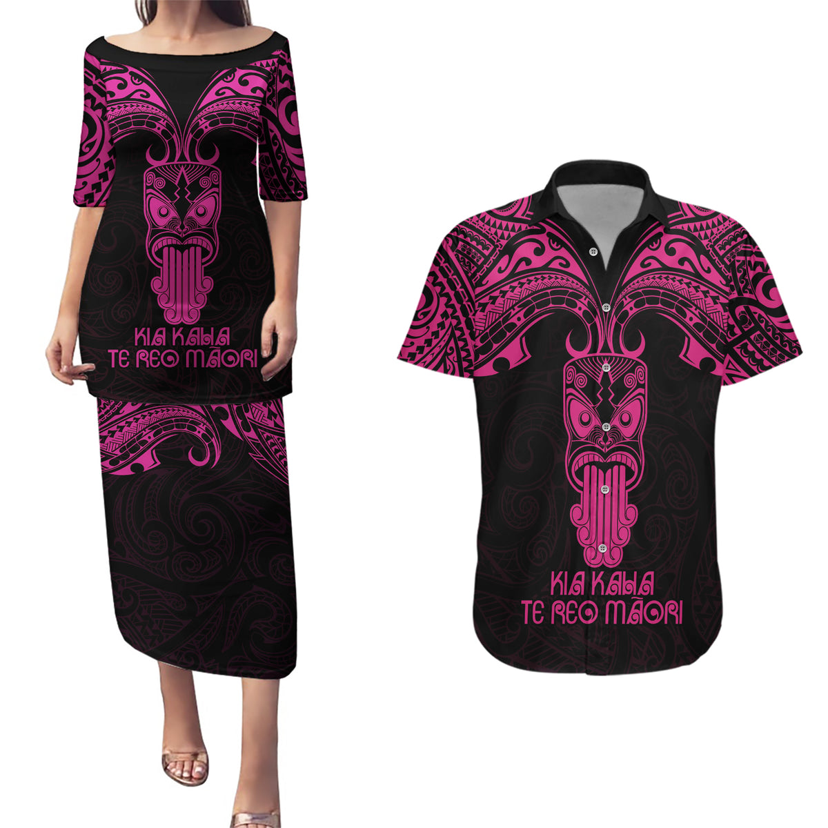 Personalised New Zealand Te Reo Maori Couples Matching Puletasi Dress and Hawaiian Shirt Kia Kaha Maori Language Week Pink Style LT9 - Wonder Print Shop