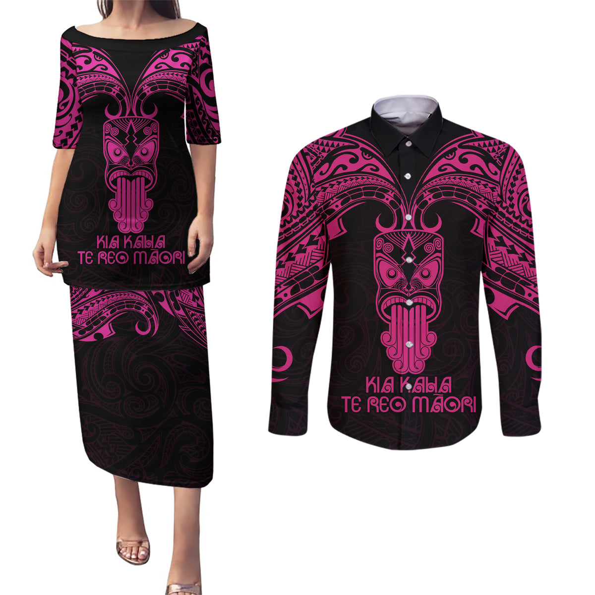 Personalised New Zealand Te Reo Maori Couples Matching Puletasi Dress and Long Sleeve Button Shirts Kia Kaha Maori Language Week Pink Style LT9 - Wonder Print Shop