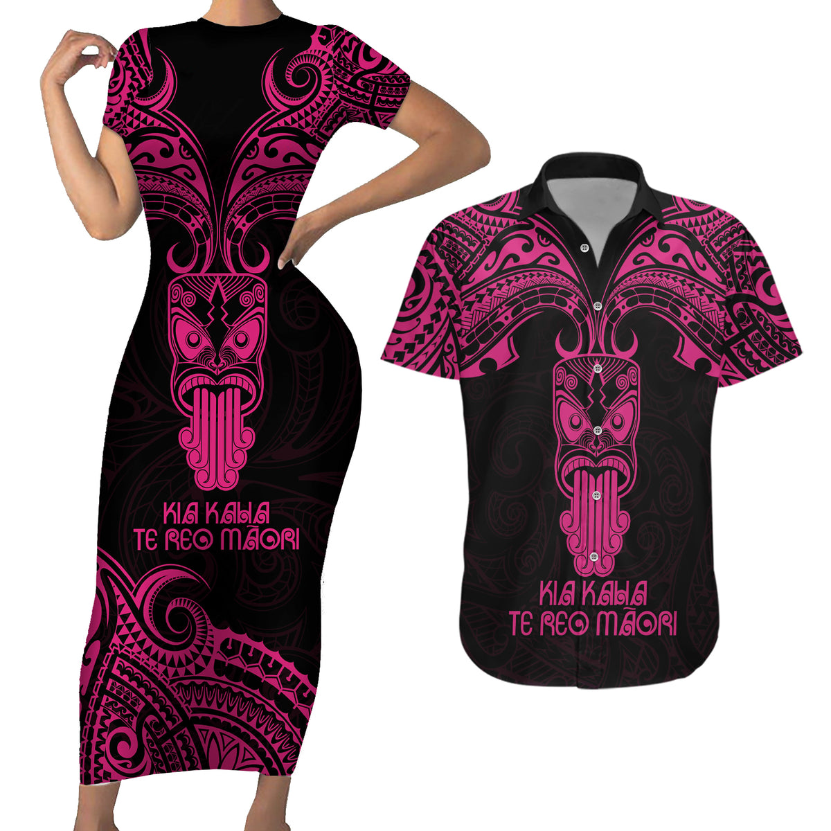 Personalised New Zealand Te Reo Maori Couples Matching Short Sleeve Bodycon Dress and Hawaiian Shirt Kia Kaha Maori Language Week Pink Style LT9 - Wonder Print Shop