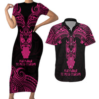 Personalised New Zealand Te Reo Maori Couples Matching Short Sleeve Bodycon Dress and Hawaiian Shirt Kia Kaha Maori Language Week Pink Style LT9 - Wonder Print Shop