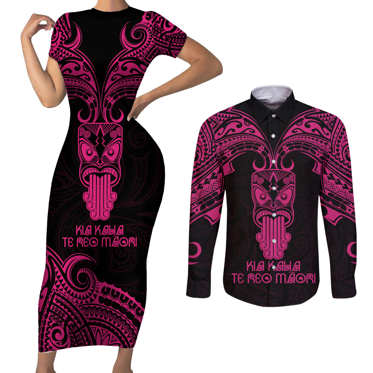 Personalised New Zealand Te Reo Maori Couples Matching Short Sleeve Bodycon Dress and Long Sleeve Button Shirts Kia Kaha Maori Language Week Pink Style LT9 - Wonder Print Shop