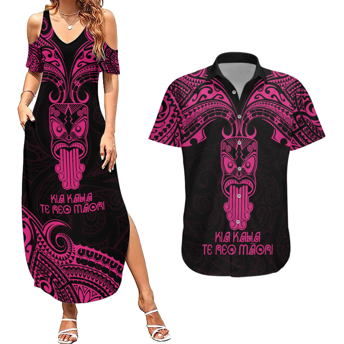 Personalised New Zealand Te Reo Maori Couples Matching Summer Maxi Dress and Hawaiian Shirt Kia Kaha Maori Language Week Pink Style LT9 - Wonder Print Shop