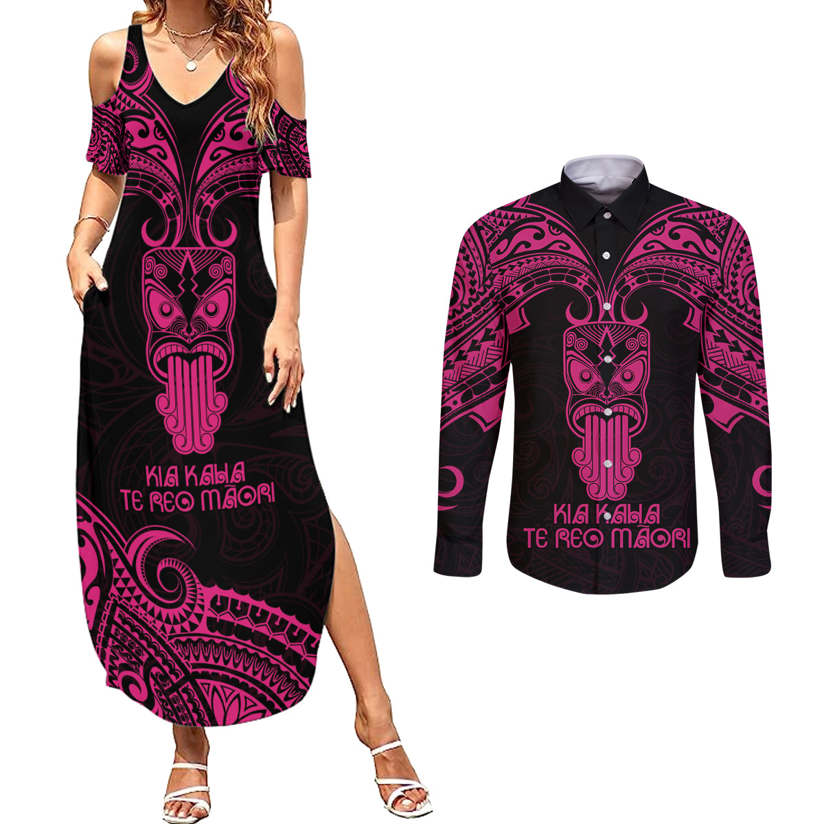 Personalised New Zealand Te Reo Maori Couples Matching Summer Maxi Dress and Long Sleeve Button Shirts Kia Kaha Maori Language Week Pink Style LT9 - Wonder Print Shop