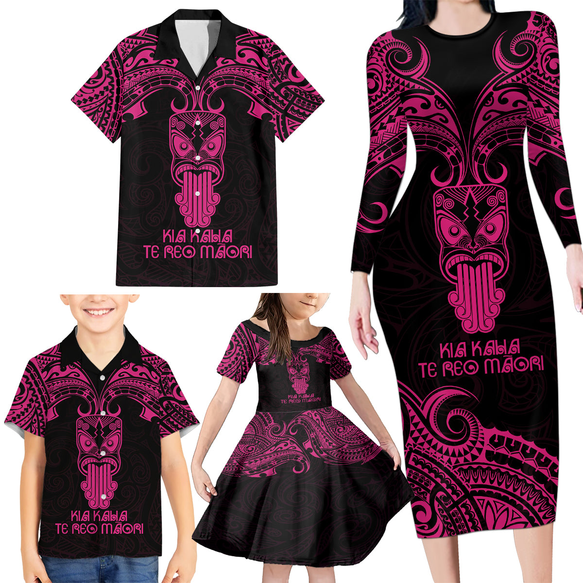Personalised New Zealand Te Reo Maori Family Matching Long Sleeve Bodycon Dress and Hawaiian Shirt Kia Kaha Maori Language Week Pink Style LT9 - Wonder Print Shop