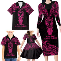 Personalised New Zealand Te Reo Maori Family Matching Long Sleeve Bodycon Dress and Hawaiian Shirt Kia Kaha Maori Language Week Pink Style LT9 - Wonder Print Shop