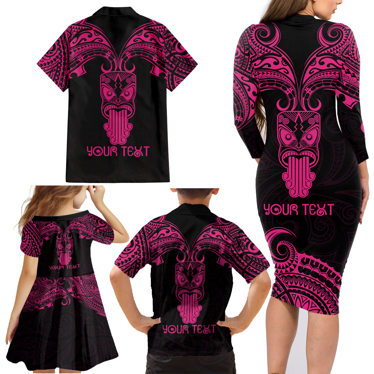 Personalised New Zealand Te Reo Maori Family Matching Long Sleeve Bodycon Dress and Hawaiian Shirt Kia Kaha Maori Language Week Pink Style LT9 - Wonder Print Shop