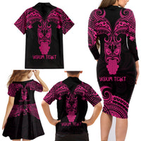 Personalised New Zealand Te Reo Maori Family Matching Long Sleeve Bodycon Dress and Hawaiian Shirt Kia Kaha Maori Language Week Pink Style LT9 - Wonder Print Shop