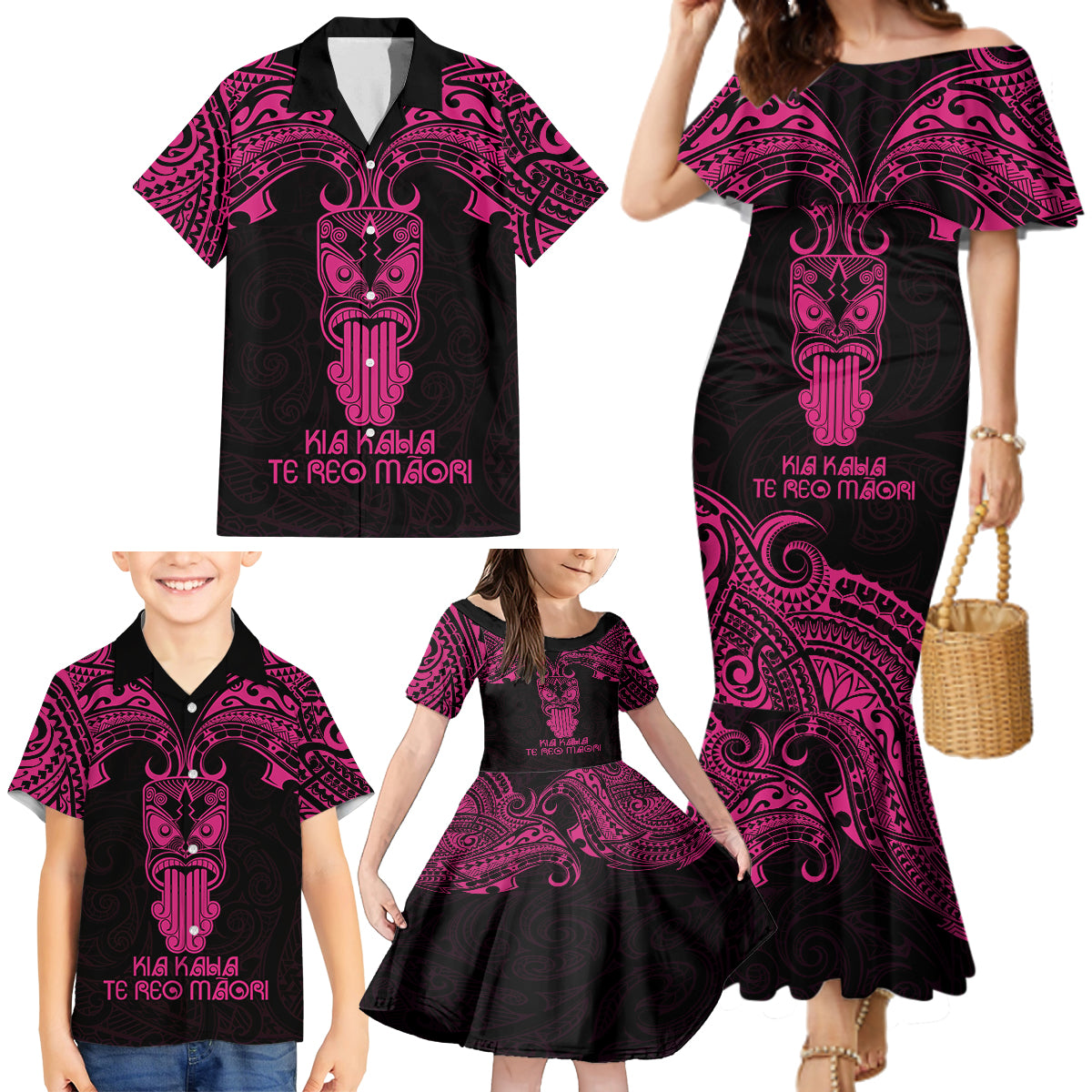 Personalised New Zealand Te Reo Maori Family Matching Mermaid Dress and Hawaiian Shirt Kia Kaha Maori Language Week Pink Style LT9 - Wonder Print Shop