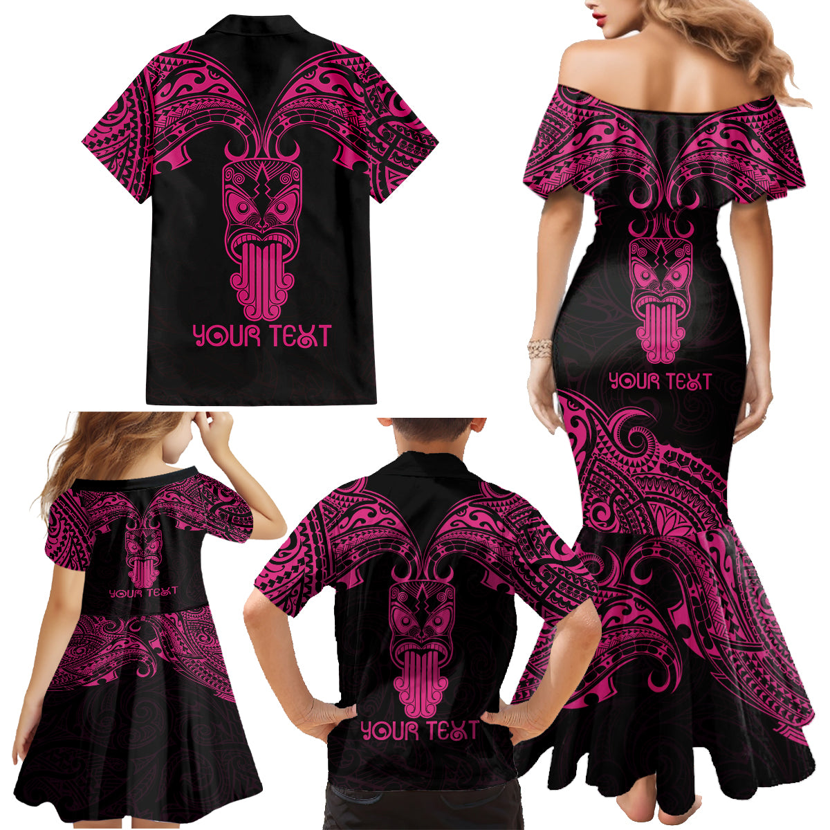 Personalised New Zealand Te Reo Maori Family Matching Mermaid Dress and Hawaiian Shirt Kia Kaha Maori Language Week Pink Style LT9 - Wonder Print Shop