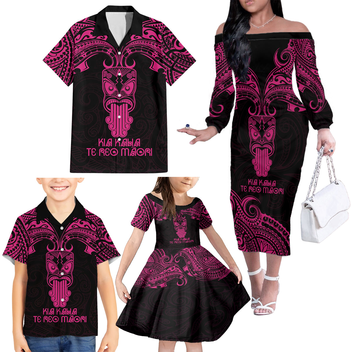 Personalised New Zealand Te Reo Maori Family Matching Off Shoulder Long Sleeve Dress and Hawaiian Shirt Kia Kaha Maori Language Week Pink Style - Wonder Print Shop