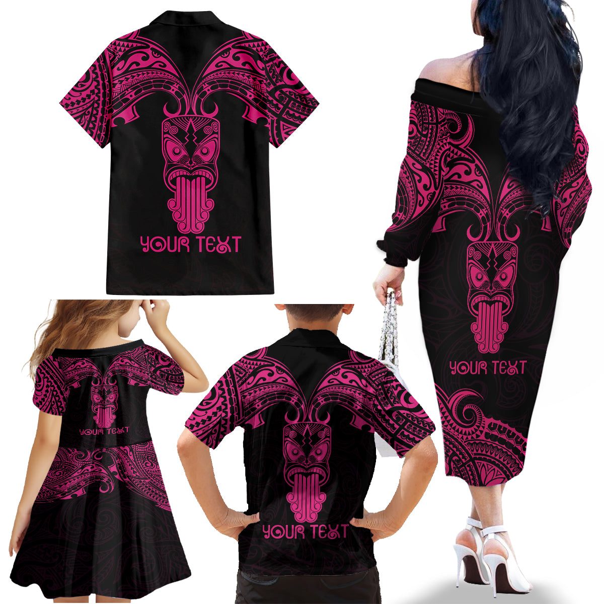 Personalised New Zealand Te Reo Maori Family Matching Off Shoulder Long Sleeve Dress and Hawaiian Shirt Kia Kaha Maori Language Week Pink Style - Wonder Print Shop
