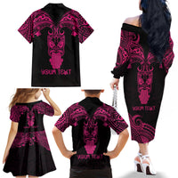 Personalised New Zealand Te Reo Maori Family Matching Off Shoulder Long Sleeve Dress and Hawaiian Shirt Kia Kaha Maori Language Week Pink Style - Wonder Print Shop
