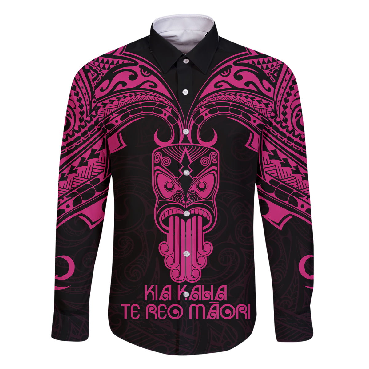 Personalised New Zealand Te Reo Maori Family Matching Off Shoulder Long Sleeve Dress and Hawaiian Shirt Kia Kaha Maori Language Week Pink Style - Wonder Print Shop