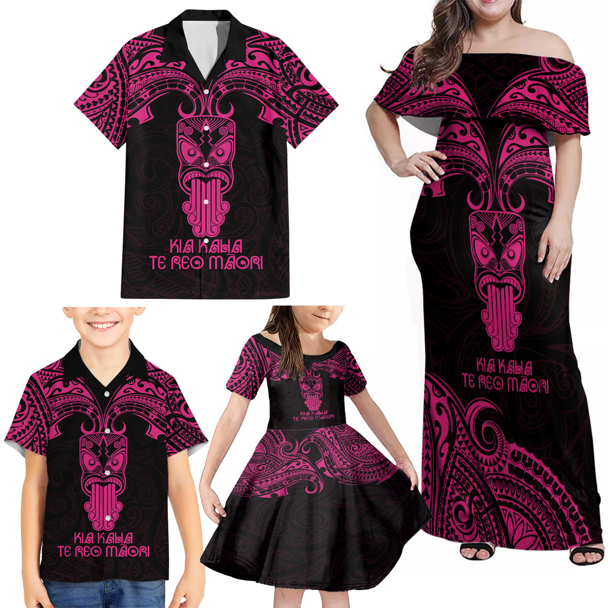 Personalised New Zealand Te Reo Maori Family Matching Off Shoulder Maxi Dress and Hawaiian Shirt Kia Kaha Maori Language Week Pink Style LT9 - Wonder Print Shop