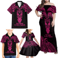 Personalised New Zealand Te Reo Maori Family Matching Off Shoulder Maxi Dress and Hawaiian Shirt Kia Kaha Maori Language Week Pink Style LT9 - Wonder Print Shop