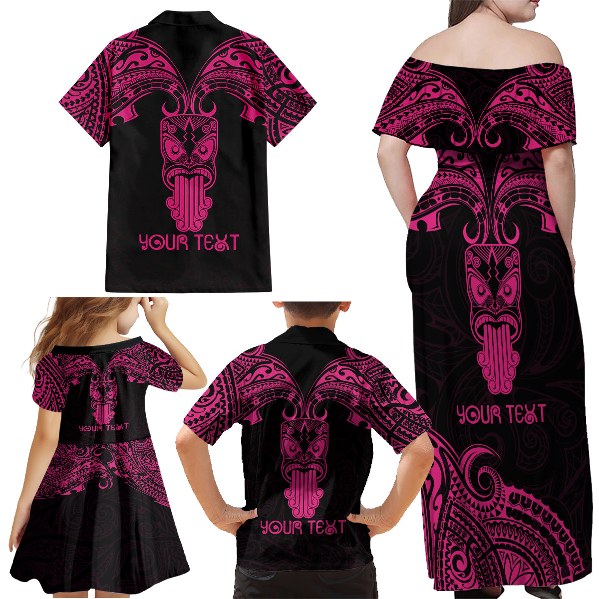 Personalised New Zealand Te Reo Maori Family Matching Off Shoulder Maxi Dress and Hawaiian Shirt Kia Kaha Maori Language Week Pink Style LT9 - Wonder Print Shop