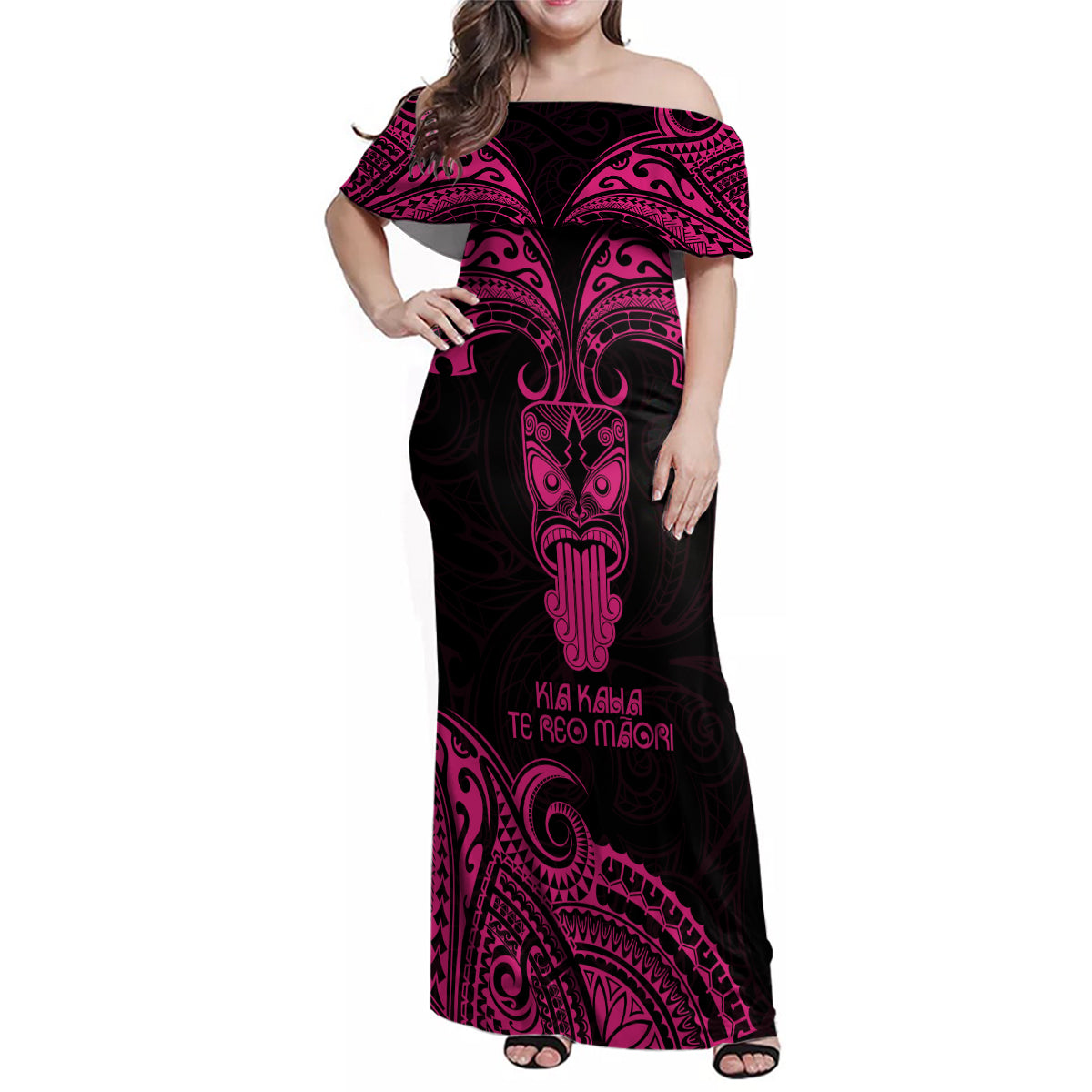 Personalised New Zealand Te Reo Maori Family Matching Off Shoulder Maxi Dress and Hawaiian Shirt Kia Kaha Maori Language Week Pink Style LT9 - Wonder Print Shop