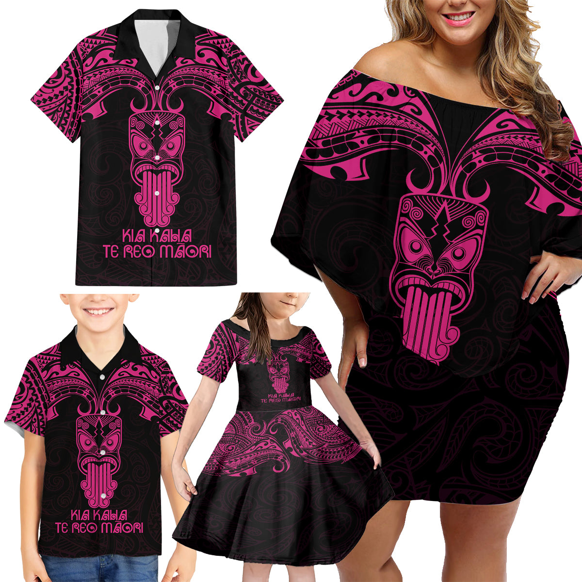 Personalised New Zealand Te Reo Maori Family Matching Off Shoulder Short Dress and Hawaiian Shirt Kia Kaha Maori Language Week Pink Style LT9 - Wonder Print Shop
