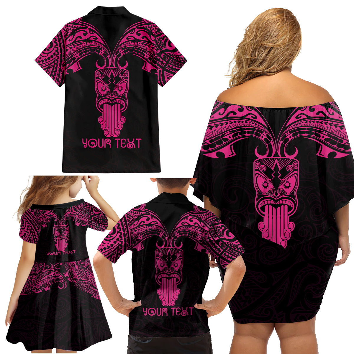 Personalised New Zealand Te Reo Maori Family Matching Off Shoulder Short Dress and Hawaiian Shirt Kia Kaha Maori Language Week Pink Style LT9 - Wonder Print Shop