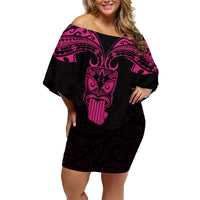 Personalised New Zealand Te Reo Maori Family Matching Off Shoulder Short Dress and Hawaiian Shirt Kia Kaha Maori Language Week Pink Style LT9 - Wonder Print Shop