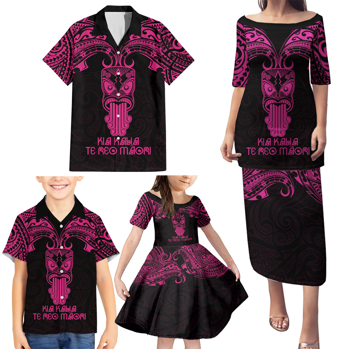 Personalised New Zealand Te Reo Maori Family Matching Puletasi Dress and Hawaiian Shirt Kia Kaha Maori Language Week Pink Style - Wonder Print Shop