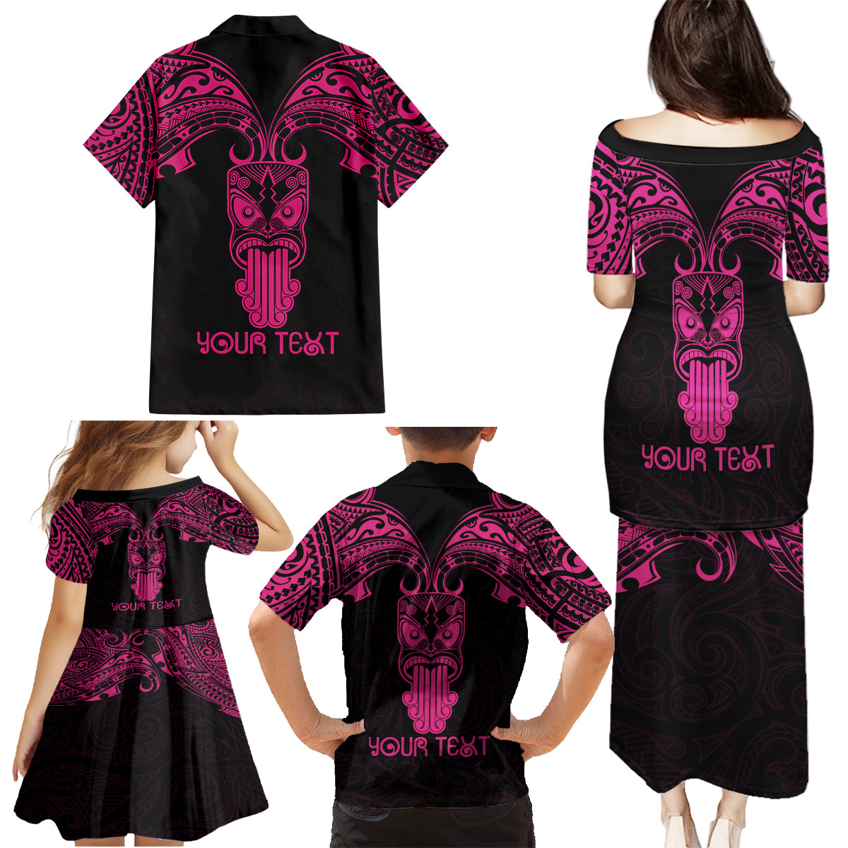 Personalised New Zealand Te Reo Maori Family Matching Puletasi Dress and Hawaiian Shirt Kia Kaha Maori Language Week Pink Style - Wonder Print Shop