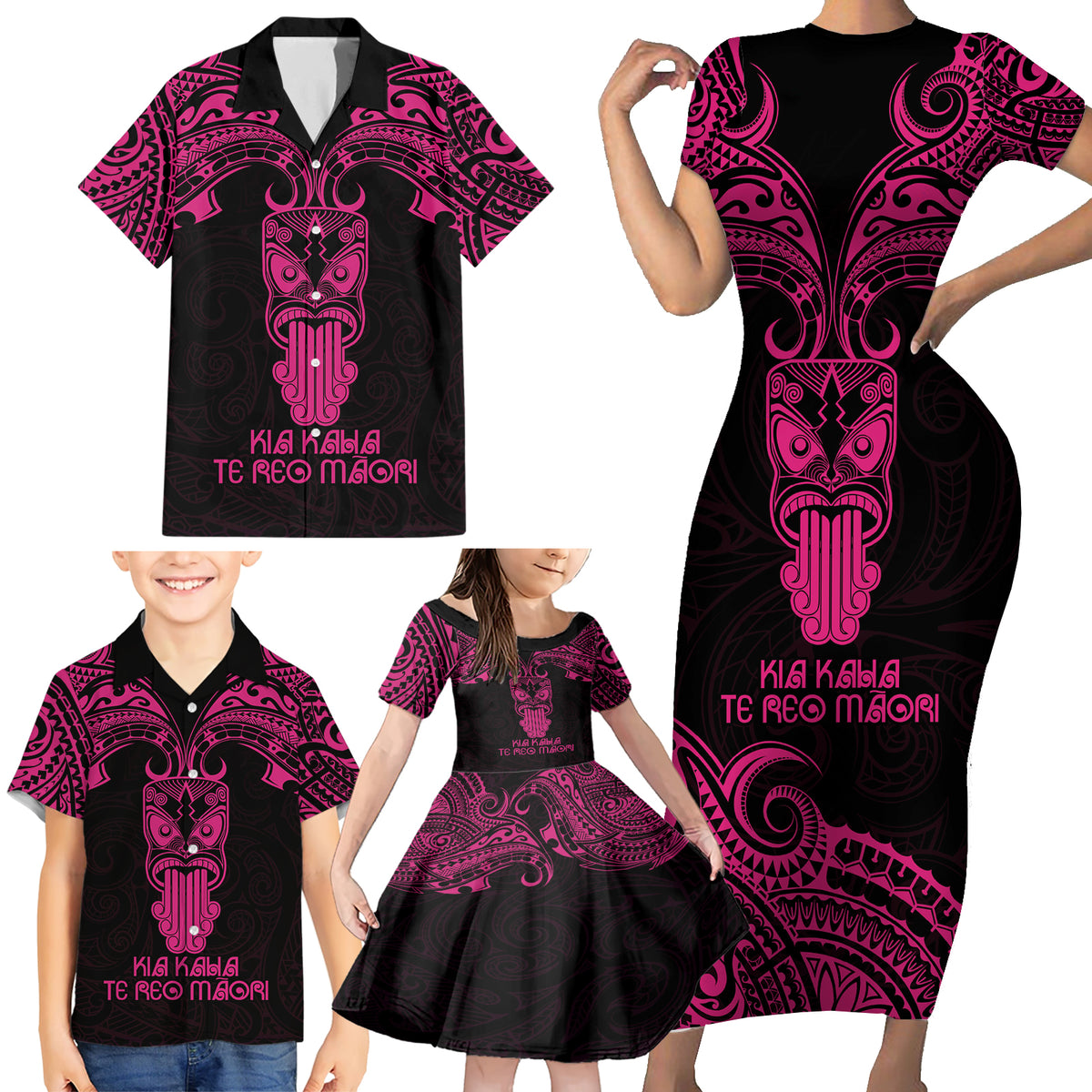 Personalised New Zealand Te Reo Maori Family Matching Short Sleeve Bodycon Dress and Hawaiian Shirt Kia Kaha Maori Language Week Pink Style - Wonder Print Shop