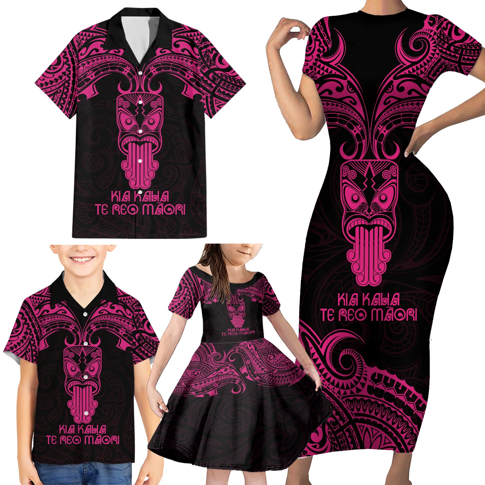 Personalised New Zealand Te Reo Maori Family Matching Short Sleeve Bodycon Dress and Hawaiian Shirt Kia Kaha Maori Language Week Pink Style - Wonder Print Shop