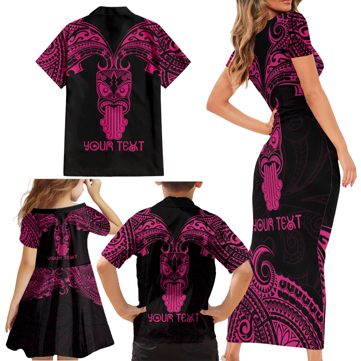 Personalised New Zealand Te Reo Maori Family Matching Short Sleeve Bodycon Dress and Hawaiian Shirt Kia Kaha Maori Language Week Pink Style - Wonder Print Shop