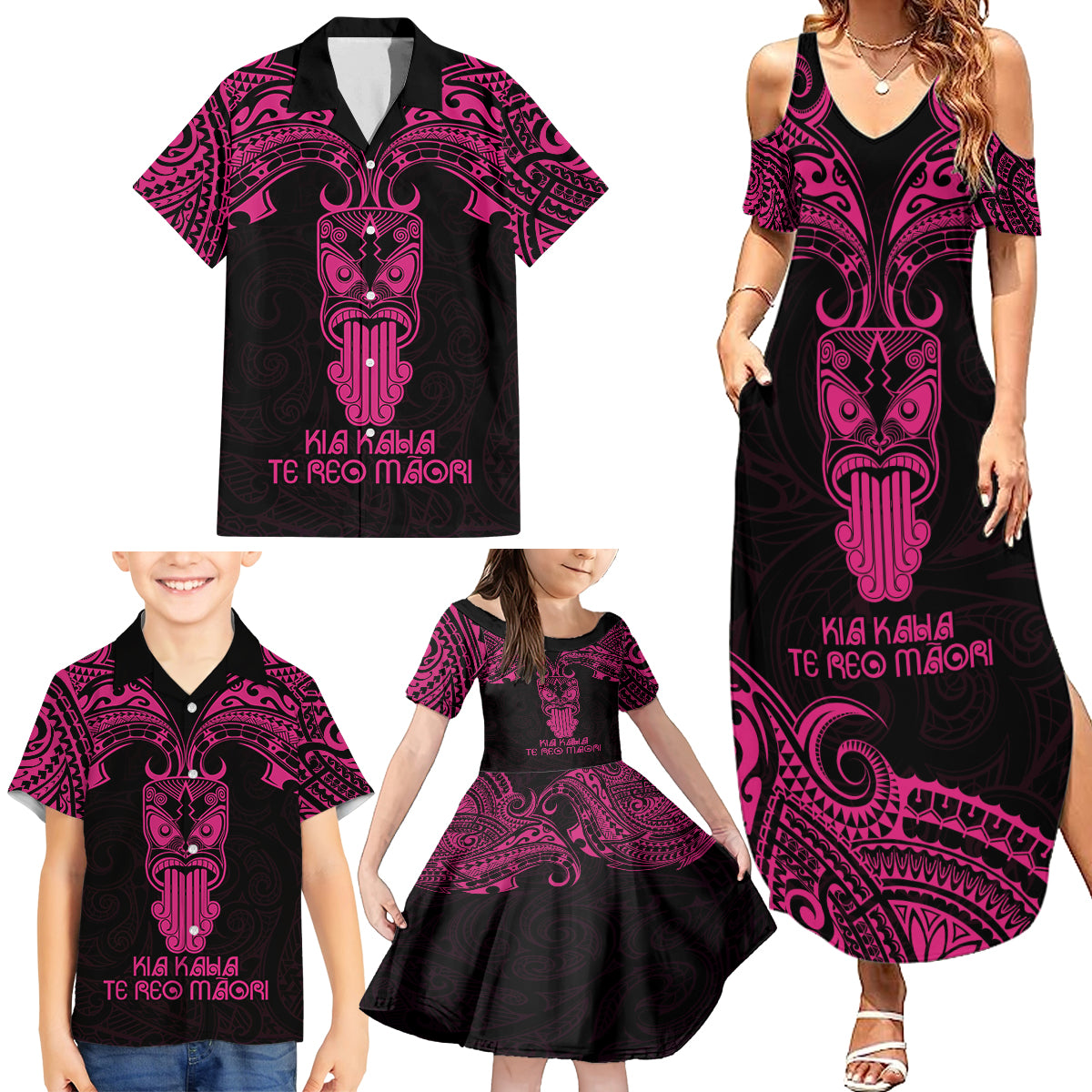 Personalised New Zealand Te Reo Maori Family Matching Summer Maxi Dress and Hawaiian Shirt Kia Kaha Maori Language Week Pink Style - Wonder Print Shop