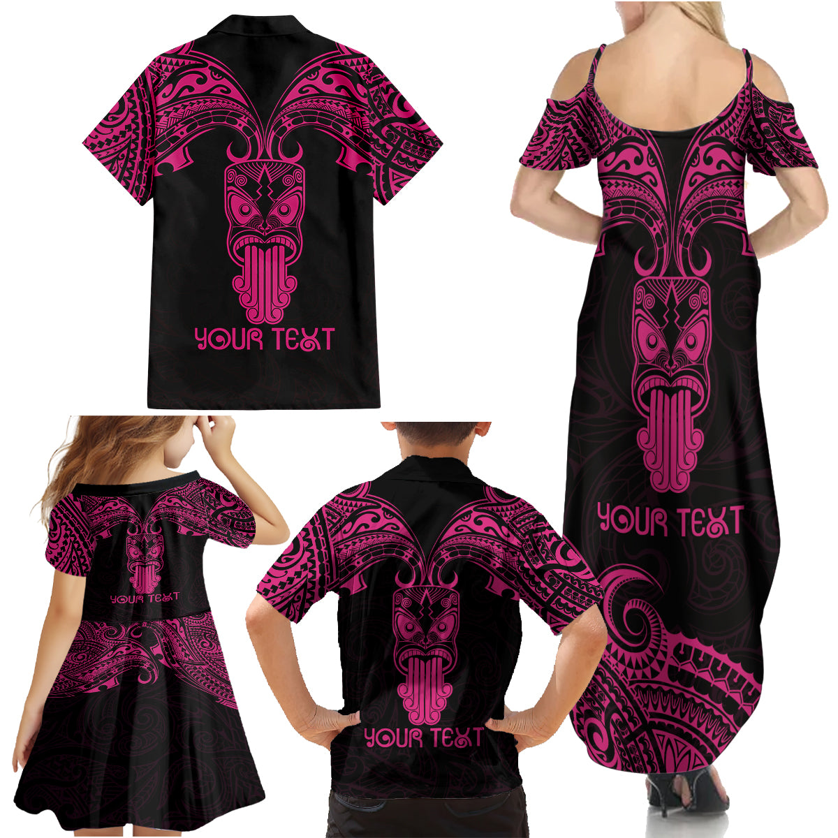 Personalised New Zealand Te Reo Maori Family Matching Summer Maxi Dress and Hawaiian Shirt Kia Kaha Maori Language Week Pink Style - Wonder Print Shop