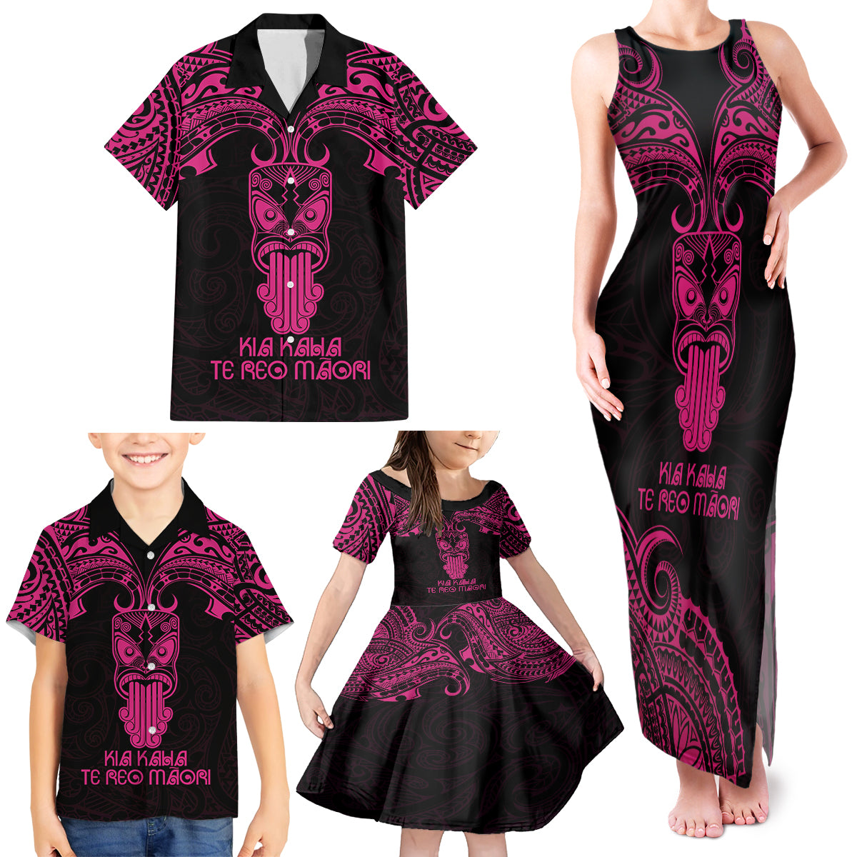 Personalised New Zealand Te Reo Maori Family Matching Tank Maxi Dress and Hawaiian Shirt Kia Kaha Maori Language Week Pink Style - Wonder Print Shop