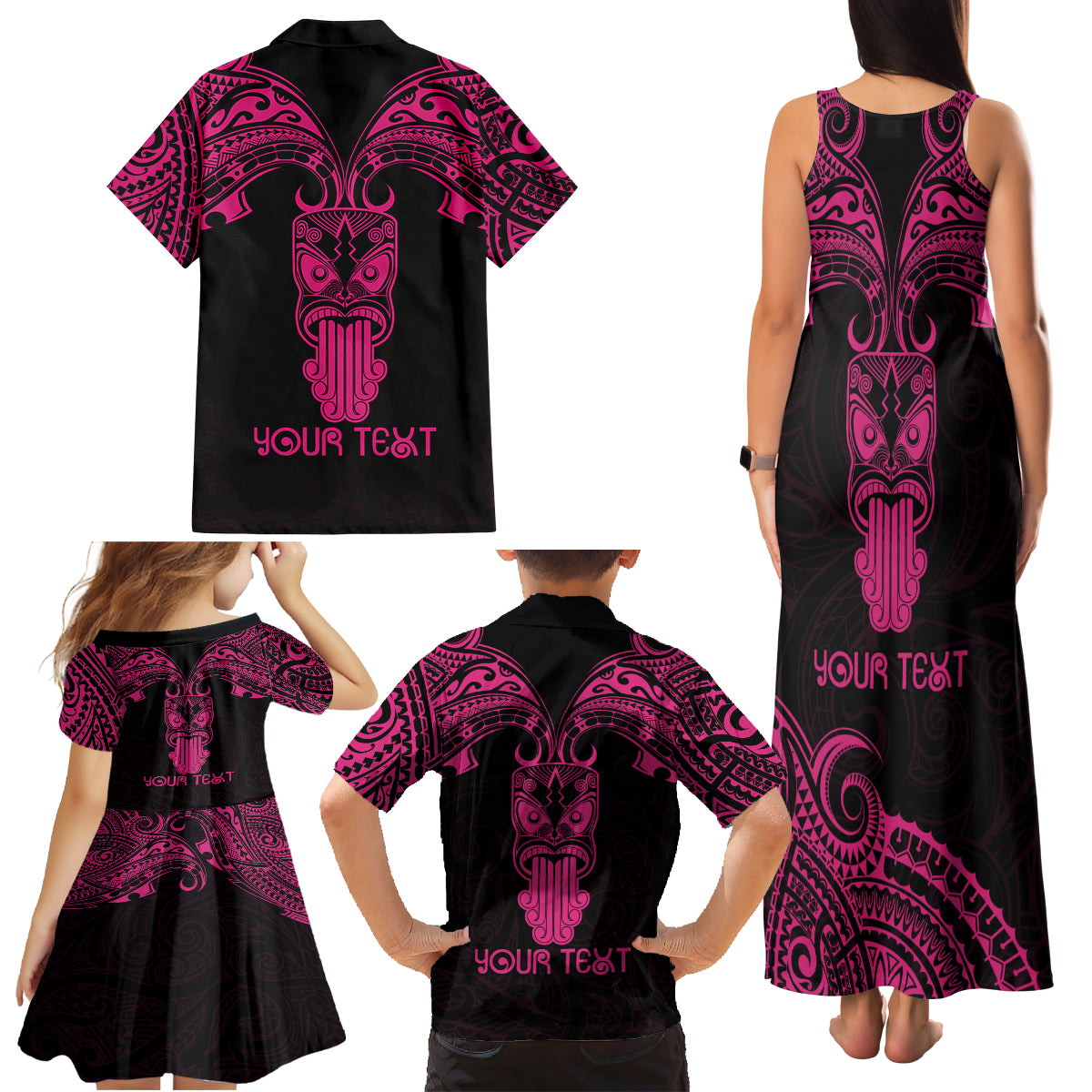 Personalised New Zealand Te Reo Maori Family Matching Tank Maxi Dress and Hawaiian Shirt Kia Kaha Maori Language Week Pink Style - Wonder Print Shop
