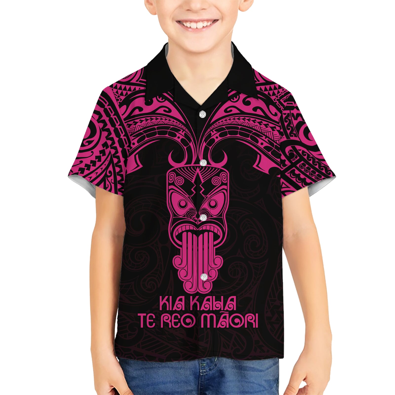 Personalised New Zealand Te Reo Maori Kid Hawaiian Shirt Kia Kaha Maori Language Week Pink Style - Wonder Print Shop